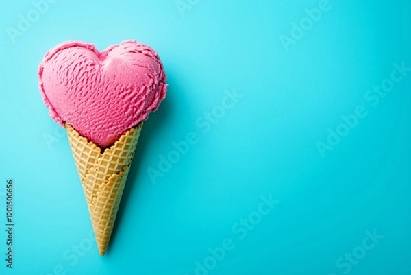 Fototapeta Heart shaped ice cream in a waffle cone, valentines day concept, copyspace