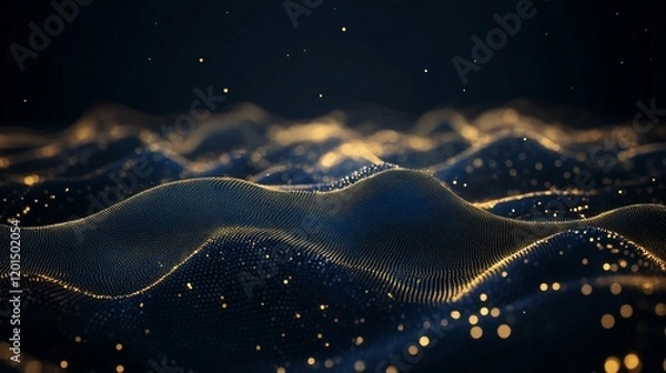 Fototapeta Abstract dark blue and gold particle wave background.