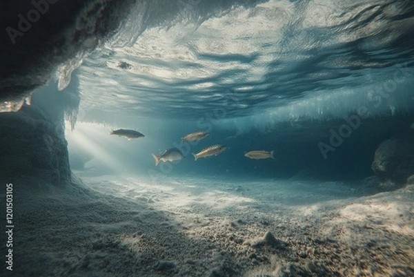 Fototapeta Underwater view of fish swimming beneath ice, showcasing the vibrant aquatic life in a hidden frozen world