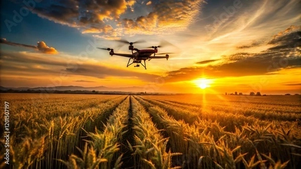 Obraz Silhouette of Agricultural Drone Spraying Wheat Field - Smart Farming Technology