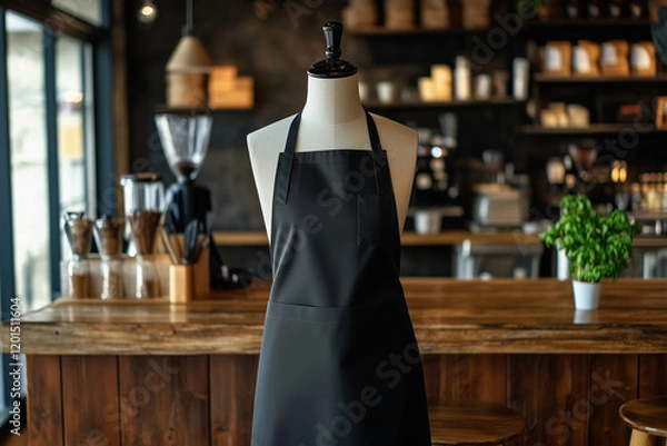 Obraz Black apron mockup on a mannequin in a coffee shop interior