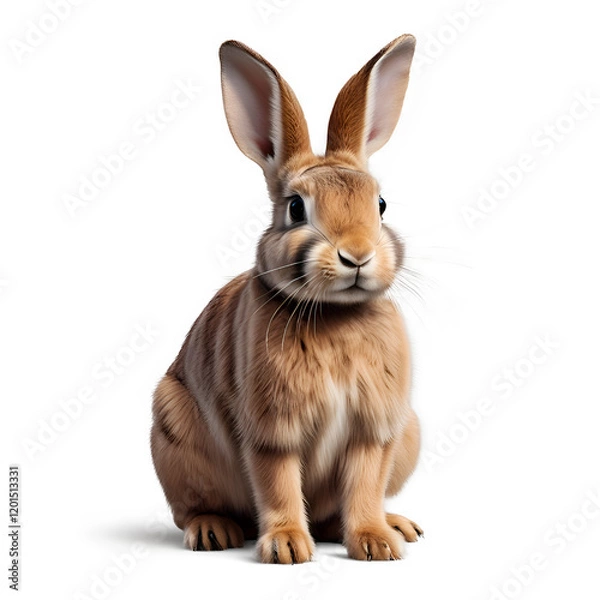 Fototapeta Cute brown rabbit sitting. Isolated Easter bunny on transparent background