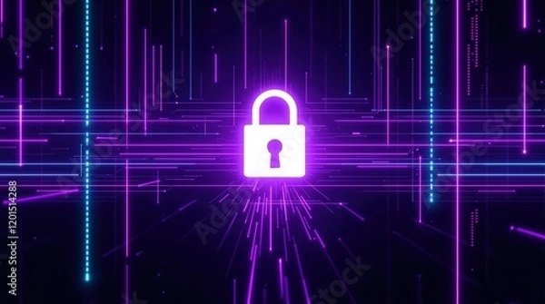 Fototapeta Glowing padlock icon on a digital background with neon lights and data streams. Represents cybersecurity, data protection, and online security