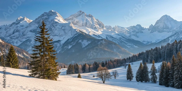 Fototapeta A Beautiful Winter Landscape in the Alps, Showcasing Snow-Capped Mountains and Scenic Views