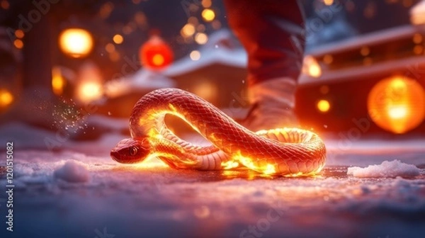 Obraz Fiery Red Snake on a Winter Night with Lanterns. Generative AI