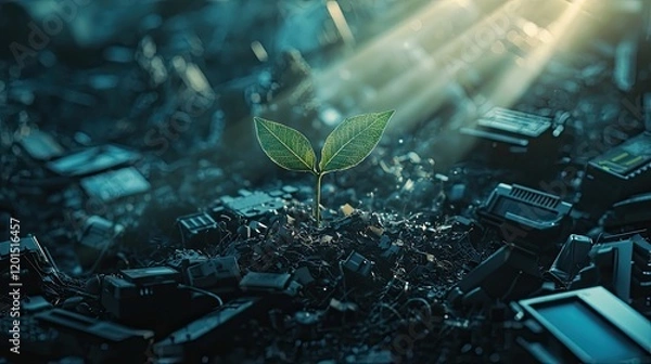 Fototapeta A small green plant growing from an electronic circuit board, symbolizing the fusion of nature and technology, and sustainable innovation. Generative AI.
