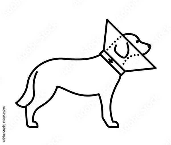 Obraz Recovery collar for dog, icon. Line icon of dog with protective cone on dogs neck. Veterinary linear illustration, pictogram, editable strokes.