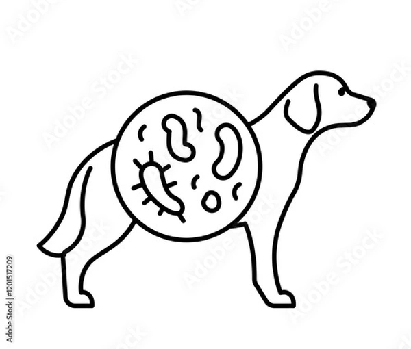 Obraz Digestion of dog, line icon. Canine silhouette and bacterials, cells, parasites. Veterinary, dog nutrition, vet clinic, digestion. Linear illustration, editable strokes, vector, pictogram
