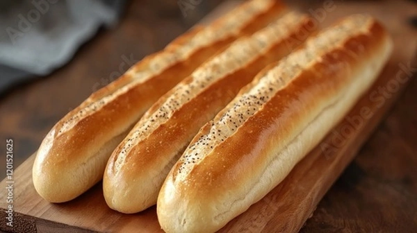 Fototapeta Crusty baguettes with wheat spikelets on a rustic wooden table