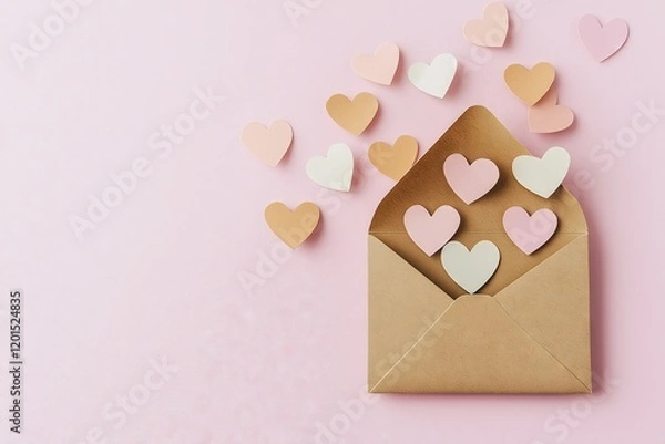 Fototapeta Romantic Beige Envelope Open with Heart-Shaped Paper Cutouts Coming Out - Flat Lay