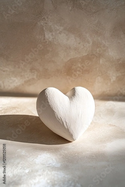 Fototapeta A handmade clay heart in soft white rests on a matte beige surface, casting gentle shadows. The minimalist setting provides a spacious backdrop ideal for text overlay and contemporary design