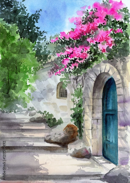 Fototapeta Watercolor illustration of a street in a small southern European town with old houses and blooming red bougainvillea casting a shadow on the pavement