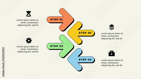 Fototapeta Four infographics arrows with neobrutalism style. Template for business presentation. Vector info graphic design illustration with 4 options. Diagram in y2k style