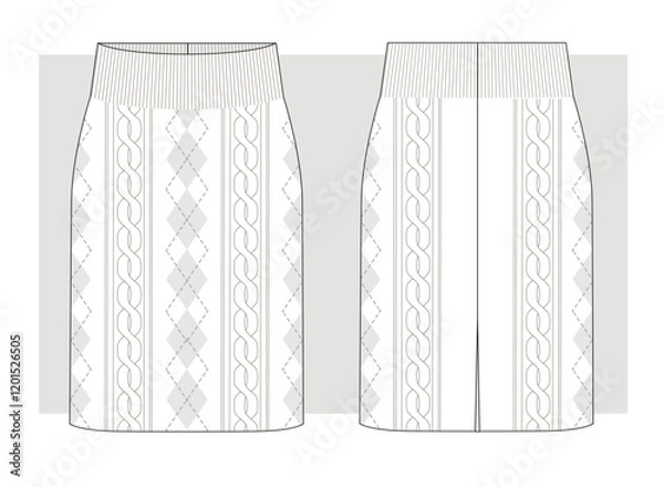 Obraz Knitted Skirt with diamond pattern and braids. Technical sketch. Vector illustration.