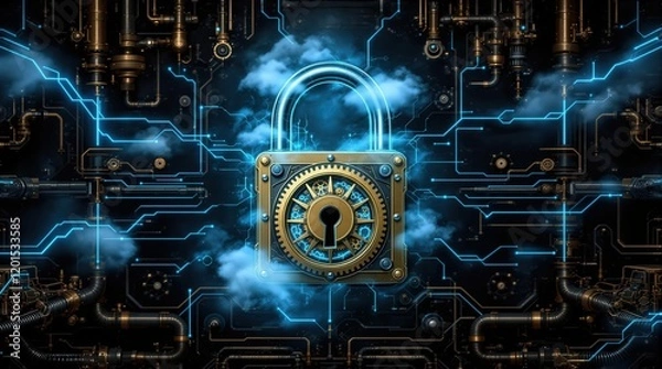 Fototapeta Steampunk-style padlock with gears and glowing blue circuits. Perfect for security, technology, and innovation concepts