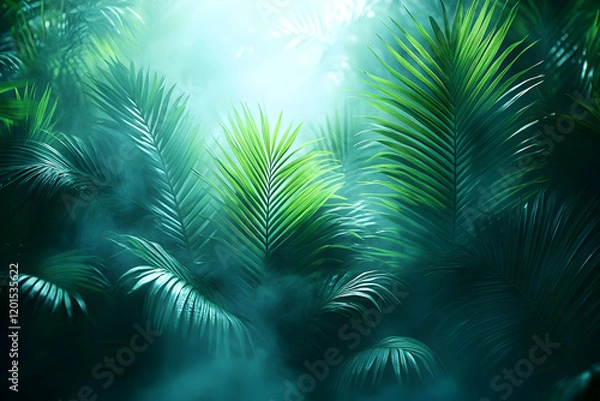 Fototapeta Lush Tropical Jungle with Fog and Light Streaming Through Dense Foliage