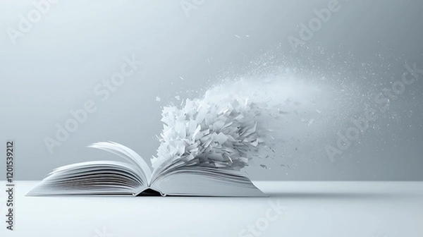 Fototapeta Exploding book pages, white background, knowledge concept, website banner