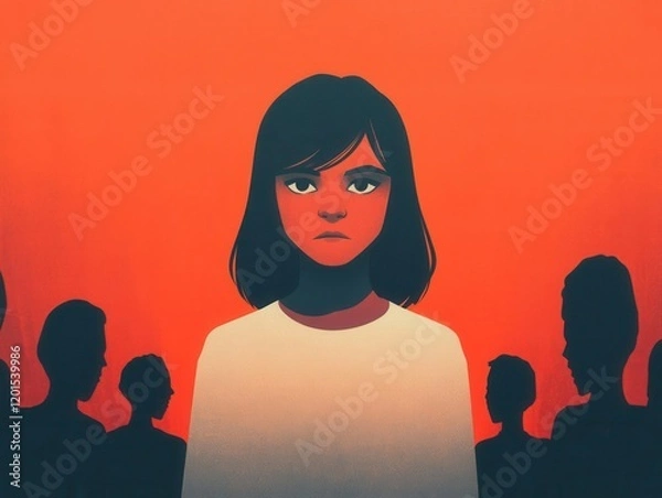 Fototapeta Teen surrounded by shadowy figures with threatening words, symbolizing online discrimination
