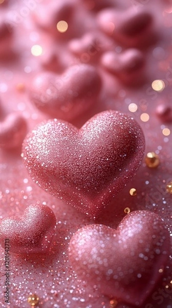 Fototapeta A bright pastel pink backdrop with shimmering silver sparkles and a cascade of delicate heart outlines in various sizes. A luminous white rectangle in the center offers room for text, framed by elegan
