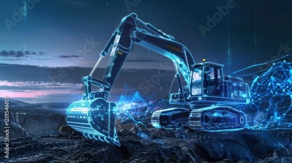 Fototapeta Excavator digital model, quarry sunset, data visualization