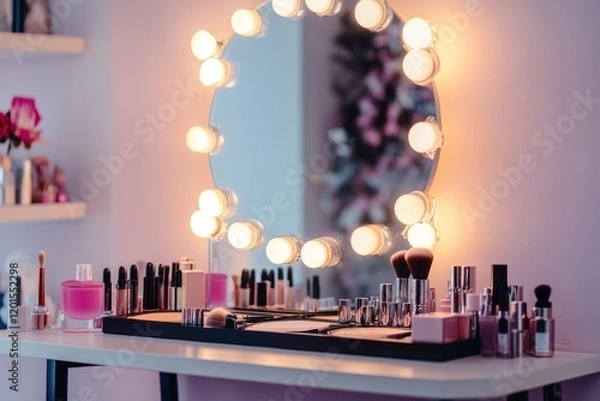 Obraz Vanity with lights and various makeup products displayed.