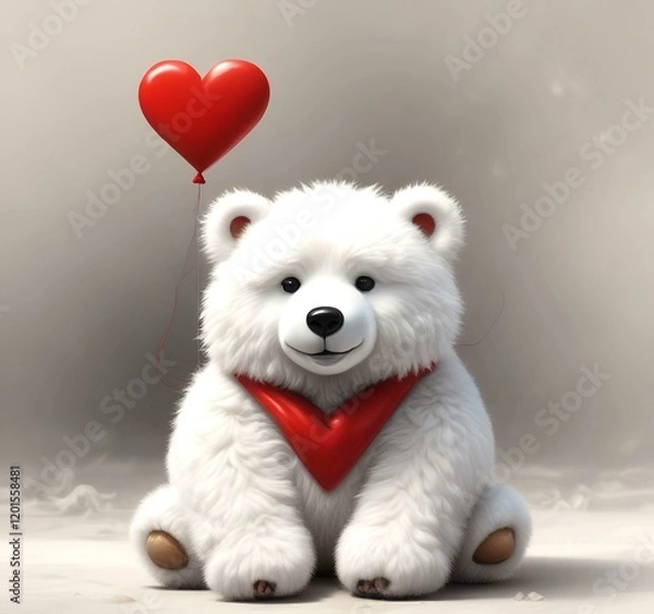 Fototapeta Illustration of fluffy bear with red heart.