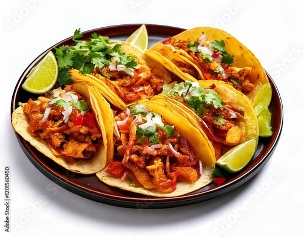 Fototapeta A vibrant platter of tacos al pastor with marinated pork, pineapple chunks, fresh cilantro, and diced onions, served on soft corn tortillas with lime wedges on the side, isolated on white background