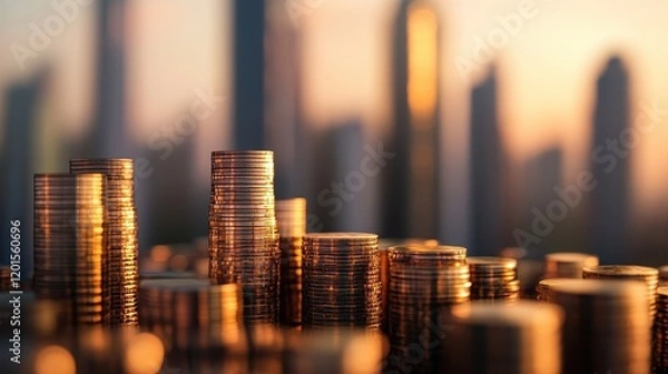 Fototapeta Tall buildings and coins are the same height 