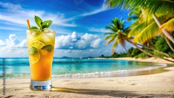 Fototapeta Close-up of a refreshing drink on a tropical beach, clouds, blue ocean, ocean, refreshing drink, sunset