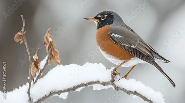 Fototapeta Bird Perched on Snow-Covered Branch in Winter Scene