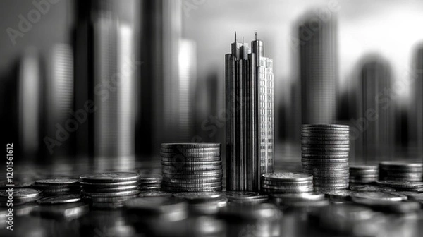 Fototapeta Tall buildings and coins are the same height 