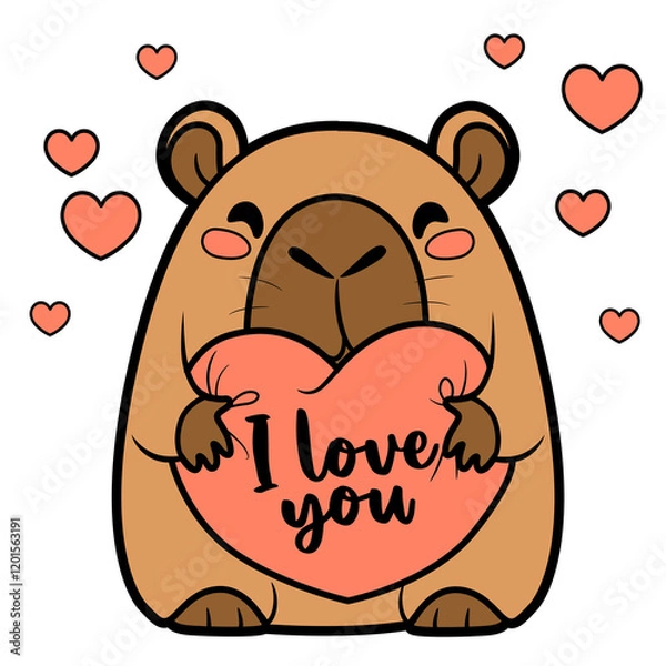 Obraz Cute cartoon capybara hold soft pillow heart on white background