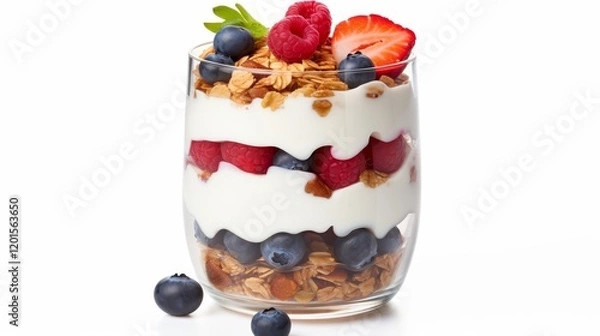 Obraz A fruit yogurt and granola on an isolated white background. Healthy food photography