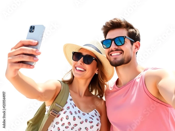 Obraz Happy young couple taking a selfie with a smartphone, smiling man and woman on summer vacations, isolated on transparent background, 