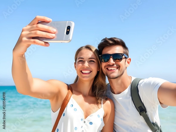 Obraz Happy young couple taking a selfie with a smartphone, smiling man and woman on summer vacations, isolated on transparent background, 