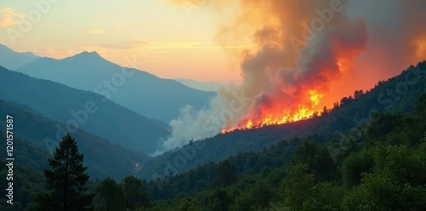 Fototapeta A breathtaking view of a forest fire engulfing mountains during sunset.