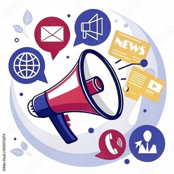 Fototapeta Dynamic Voice A Bold Logo Featuring a Megaphone with News, Messages, and Video Clip Icons, Representing Communication, Media, and Digital Engagement in a Modern World