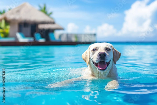 Fototapeta Happy labrador retriever swimming in a turquoise pool in tropical resort