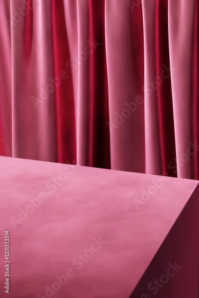 Fototapeta Valentine's day background with pink velvet backdrop and pastel table corner.