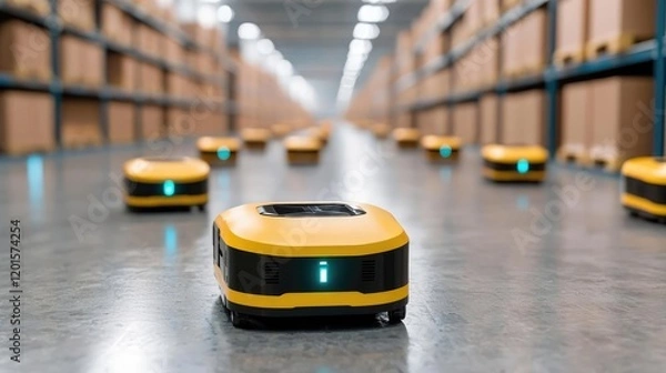 Obraz Autonomous robots in warehouse aisle, logistics