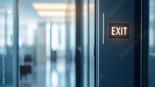 Fototapeta Open door with exit sign, symbolizing the freedom and opportunity to leave behind the past and embrace new beginnings, encouraging a sense of liberation and forward movement.	