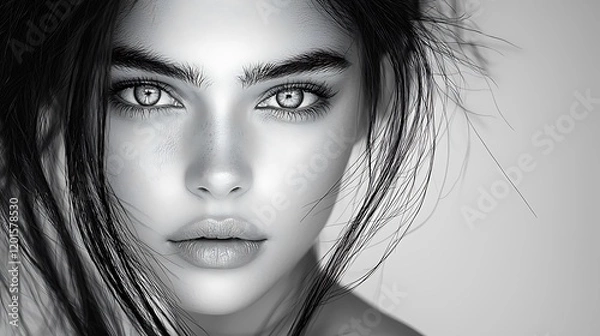 Fototapeta Artistic black and white close-up portrait of a 25-year-old modern woman, elegant and poised, intricate lighting patterns, ISO400, ultra-realistic, photo realistic, highly detailed, 