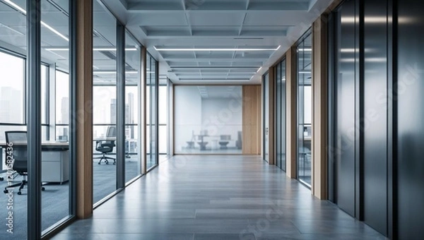 Fototapeta Empty office corridor with clean walls, doors, and light