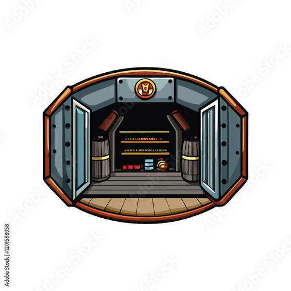 Fototapeta A realistic depiction of a missile silo inside a concrete bunker, with a large metal door leading down to the missile launch system.