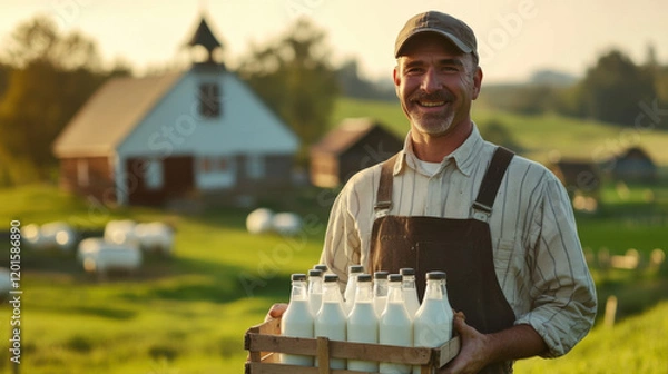 Fototapeta Smiling Farmer Holding Fresh Milk Bottles in a Wooden Crate with Scenic Green Pastures and a Rustic Barn in the Background During Golden Hour Light