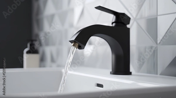 Fototapeta A close-up shot of a modern bathroom faucet with a matte black finish, mounted on a polished white sink with soft water reflections. 