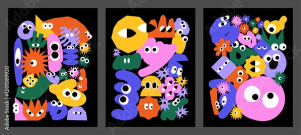 Obraz Funny backgrounds with abstract shapes and childish characters. Set of posters with colorful doodles. Cartoon vector illustrations. Crazy characters with big eyes.