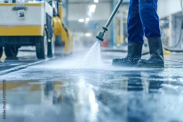 Obraz Cleaning staff member wearing safety boots using high pressure washer for cleaning concrete floor in large industrial building, creating foam and splashing water