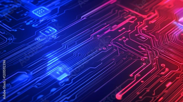 Fototapeta Futuristic circuit board glowing red and blue, close-up view, technology background, ideal for tech websites