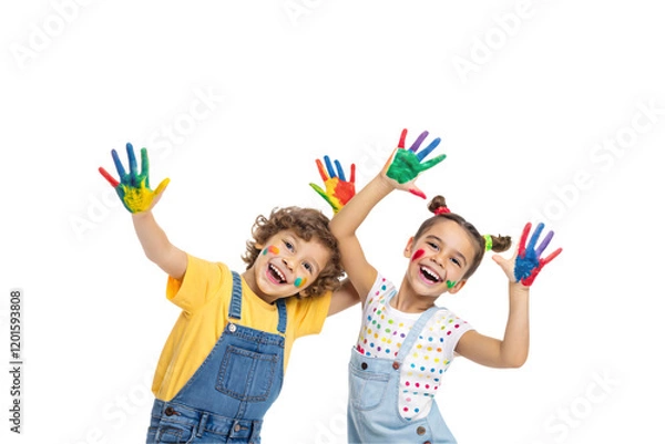 Fototapeta Two joyful children in overalls, faces and hands smeared with colorful paint, enthusiastically showing their hands in a fun and creative moment. Isolated on a transparent background